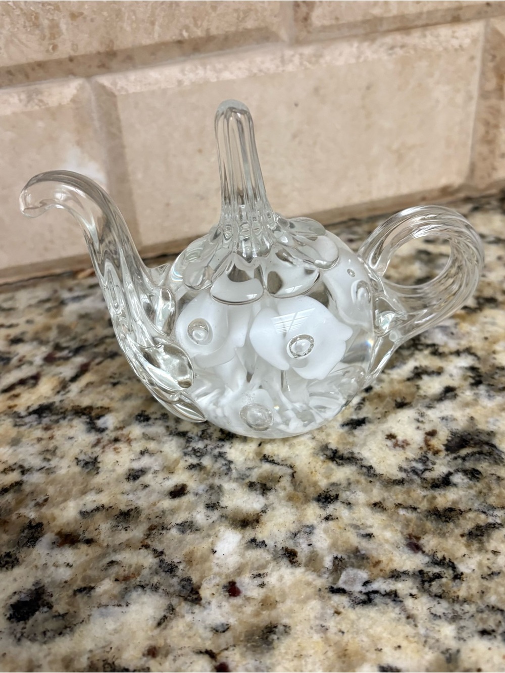 Clear Glass Floral Teapot Figurine with White Accents